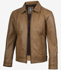 Men's Yellow Waxed Harrington Leather Jacket with Shirt Collar