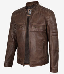 Men's Coffee Brown Distressed Leather Biker Jacket