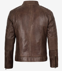 Men's Coffee Brown Distressed Leather Biker Jacket