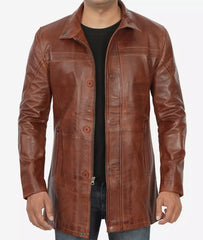 Men's Tall Cognac Waxed Premium Leather Car Coat
