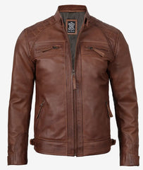 Men's Biker Leather Jacket in Cognac with Quilted Shoulders