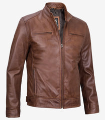 Men's Cognac Leather Jacket in Classic Cafe Racer Style