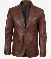Men's Cognac Waxed Leather Blazer with Two Buttons and Notch Lapel