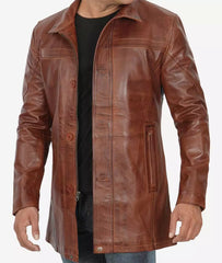 Men's Tall Cognac Waxed Premium Leather Car Coat