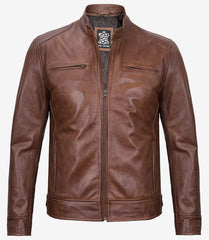 Men's Cognac Leather Jacket in Classic Cafe Racer Style
