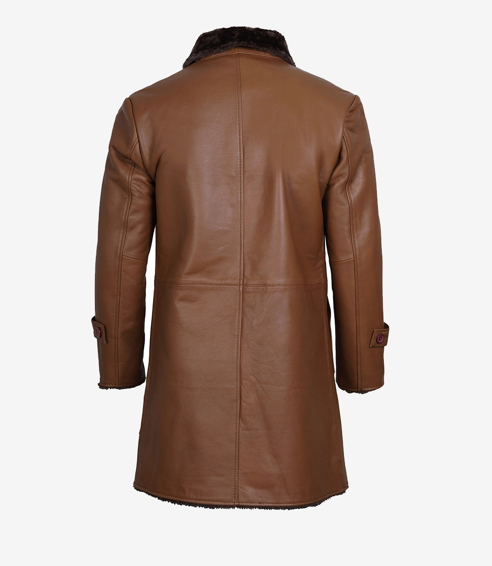 Men's Cognac Shearling Leather Overcoat – 3/4 Length with Lapel Collar
