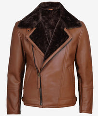 Men's Asymmetrical Cognac Leather Biker Jacket – Faux Shearling Lined