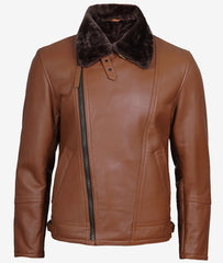 Men's Asymmetrical Cognac Leather Biker Jacket – Faux Shearling Lined