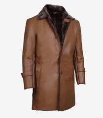 Men's Cognac Shearling Leather Overcoat – 3/4 Length with Lapel Collar