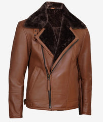 Men's Asymmetrical Cognac Leather Biker Jacket – Faux Shearling Lined