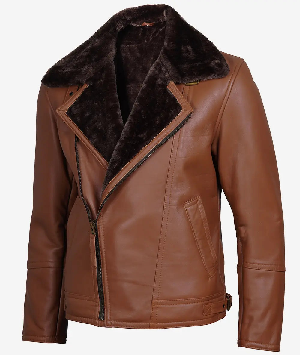 Men's Asymmetrical Cognac Leather Biker Jacket – Faux Shearling Lined