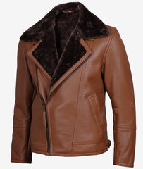 Men's Asymmetrical Cognac Leather Biker Jacket – Faux Shearling Lined