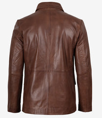 Men's Cognac Waxed Leather Blazer with Two Buttons and Notch Lapel