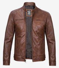 Men's Cognac Leather Jacket in Classic Cafe Racer Style