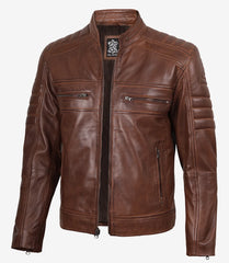 Austin Men's Cognac Waxed Leather Jacket in Biker Style