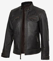 Men's Distressed Brown Leather Biker Jacket with Quilted Shoulder Work