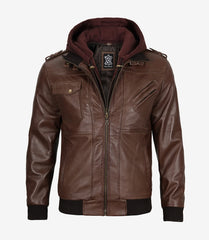 Men's Dark Brown Leather Bomber Jacket with Hood