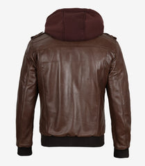 Men's Dark Brown Leather Bomber Jacket with Hood