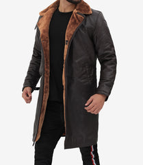 Mens Classic Brown Leather Coat with Shearling Lining and Fur Trim
