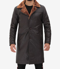 Mens Classic Brown Leather Coat with Shearling Lining and Fur Trim