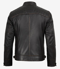 Men's Tall Distressed Brown Leather Biker Jacket with Quilted Shoulders
