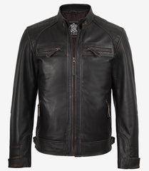 Men's Tall Distressed Brown Leather Biker Jacket with Quilted Shoulders