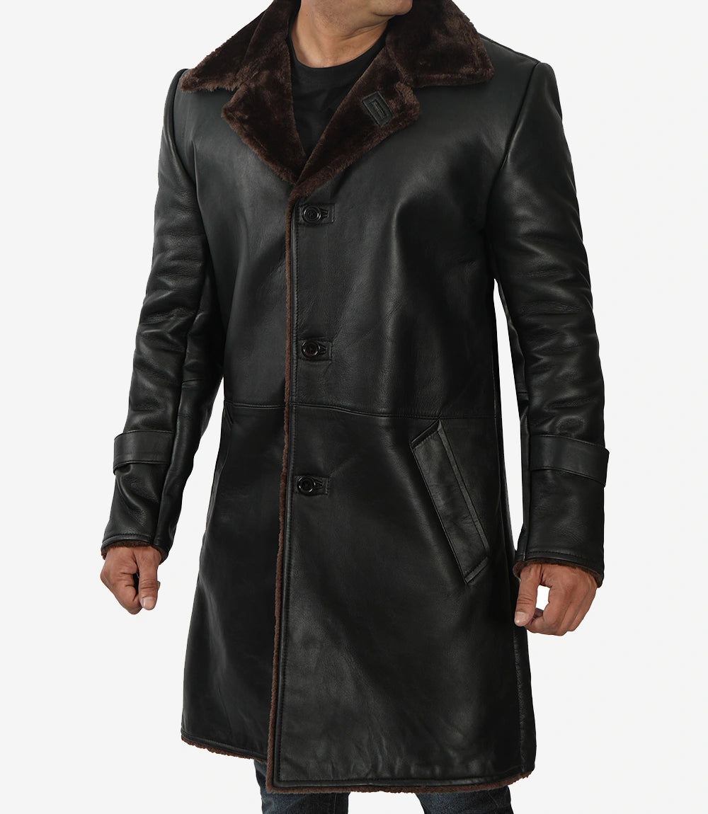 Mens Black Leather 3/4 Length Shearling Coat for Winter Essential