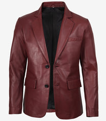 Men's Maroon Leather Blazer with Notch Lapel and Two Buttons
