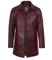 Men's Burgundy Real Leather Coat in 3/4 Length