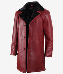 Men's Maroon Lambskin Leather Overcoat – Black Shearling Trim