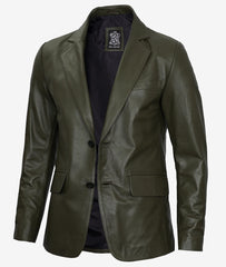 Men's Olive Green Real Leather Blazer with Two Button Closure