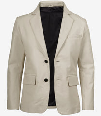 Men's Off White Real Leather Blazer with Two Buttons and Notch Lapel