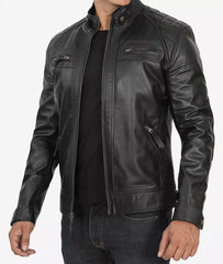 Men's Tall Black Leather Biker Jacket with Quilted Shoulders