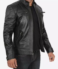 Men's Tall Black Leather Biker Jacket with Quilted Shoulders