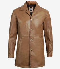 Men's Tall Camel Brown Leather Coat in 3/4 Length