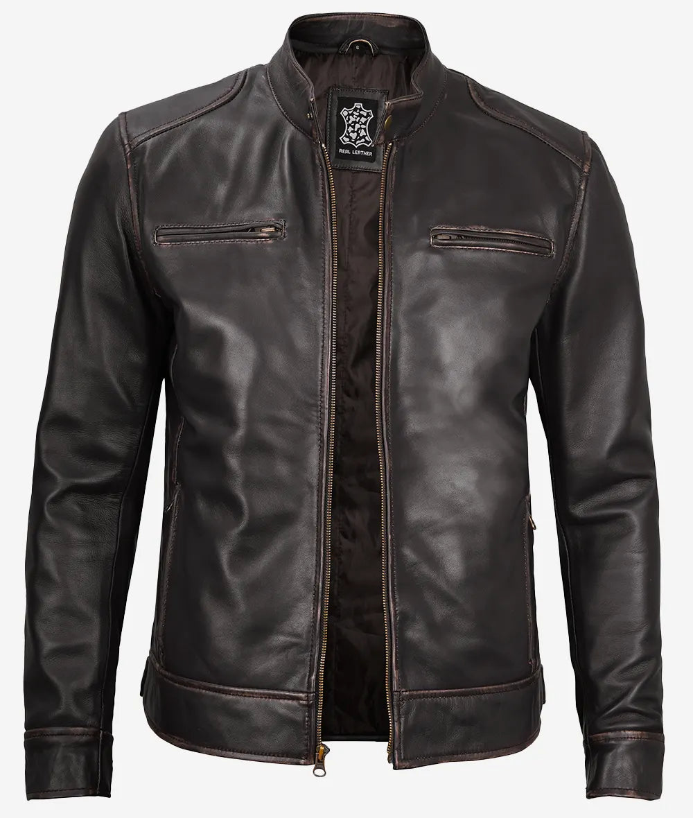 Men's Distressed Brown Cafe Racer Leather Jacket