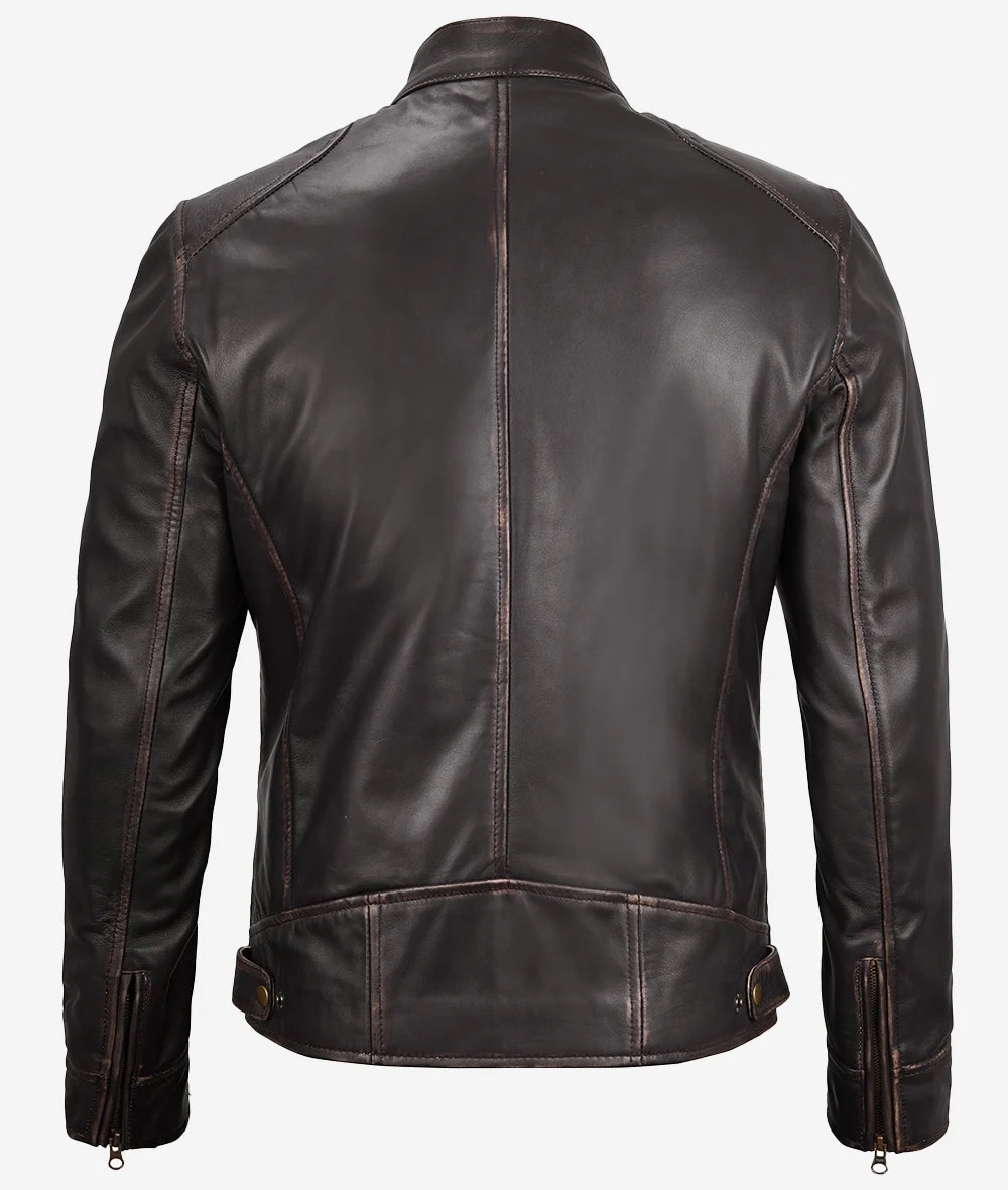 Men's Distressed Brown Cafe Racer Leather Jacket