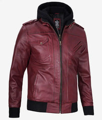 Men's Burgundy Real Leather Bomber Jacket with Detachable Hood