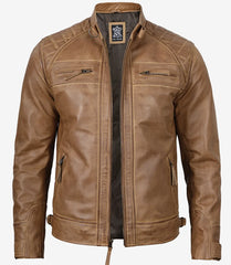 Men's Tall Camel Brown Quilted Leather Jacket - Biker Style