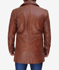 Men's Tall Cognac Waxed Leather Car Coat in 3/4 Length