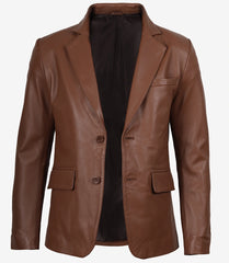 Men's Cognac Leather Blazer with Two-Button Closure & Notch Lapel