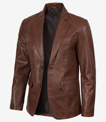Men's Cognac Waxed Leather Blazer with Two Buttons and Notch Lapel