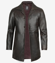 Men's Tall Dark Brown Leather Coat in Vintage 3/4 Length