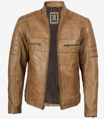 Men's Camel Brown Real Leather Jacket in Biker Style
