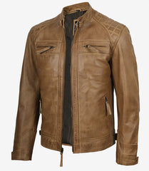 Men's Camel Brown Real Leather Biker Jacket with Quilted Shoulders