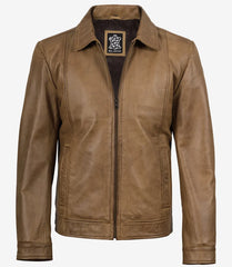 Men's Yellow Waxed Harrington Leather Jacket with Shirt Collar