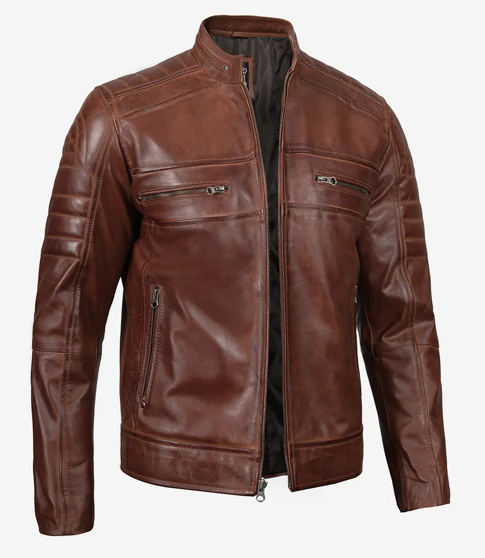 Lowridge Men’s Cognac Café Racer Leather Jacket