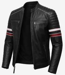 Black Speedster Leather Jacket - Classic Cafe Racer with Contrast Stripes