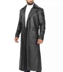 Men's Black Leather Full-Length Overcoat in Duster Style