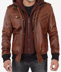 Men's Tall Brown Leather Bomber Jacket with Hood